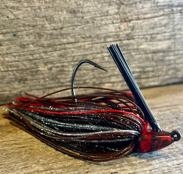 The NEW Brown Jig Series with Red Accent Swim Jig and Football Jigs